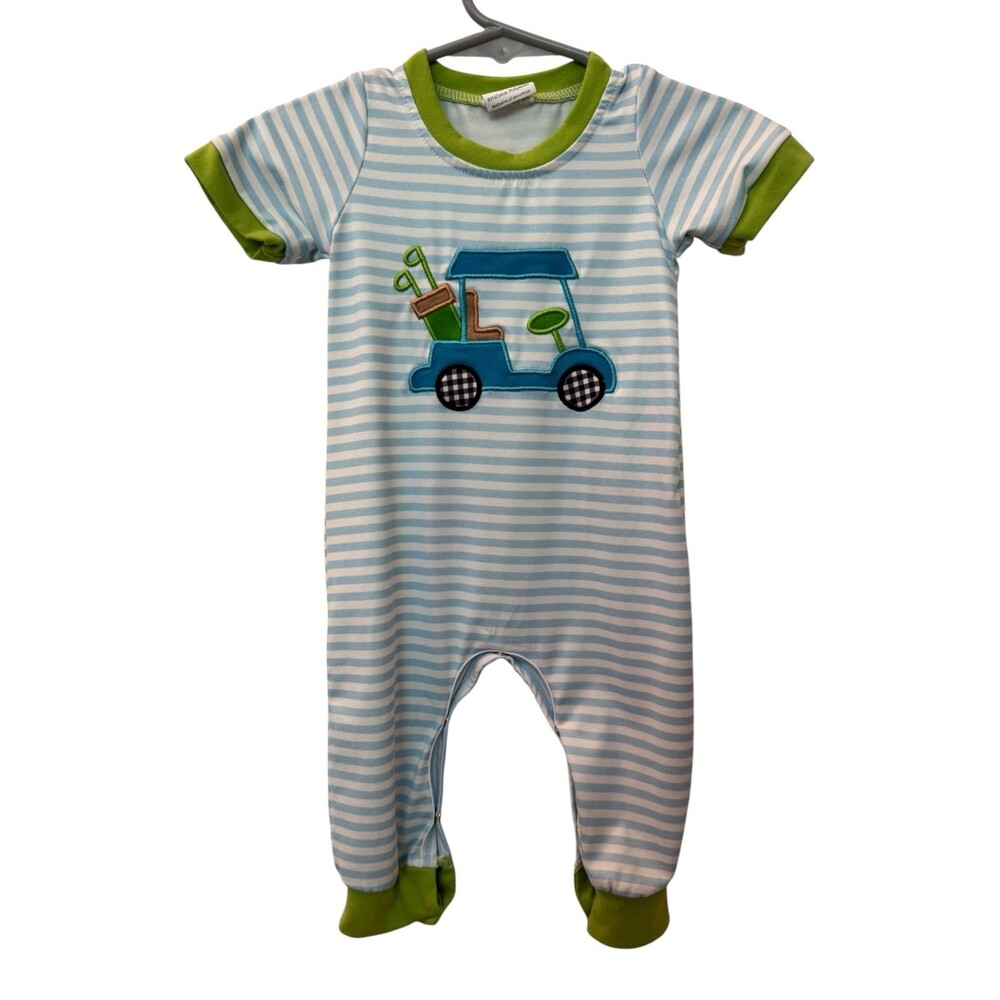 Boutique Golf Cart Romper Blue and Green Stripe Size 3-6 Months